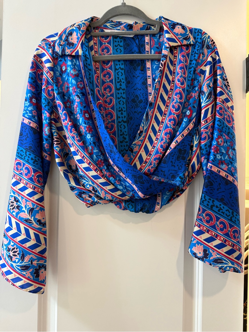 Mango Blue Floral & Stripe Wrap Button-Down Blouse